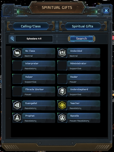 video game screenshot of Callings/Classes panel