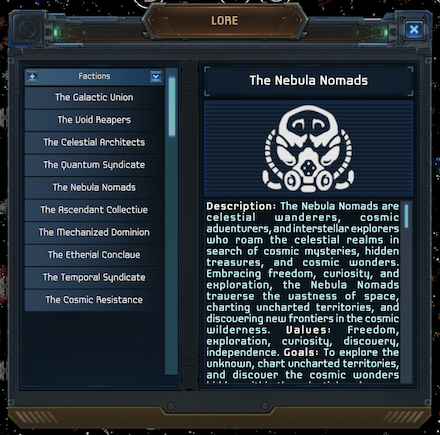 video game screenshot of Lore on Factions - the Nebula Nomads in particular