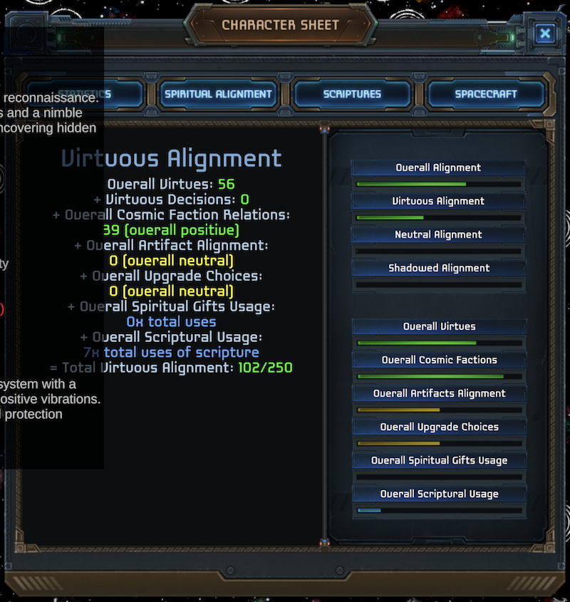 video game screenshot of virtuous alignment screen